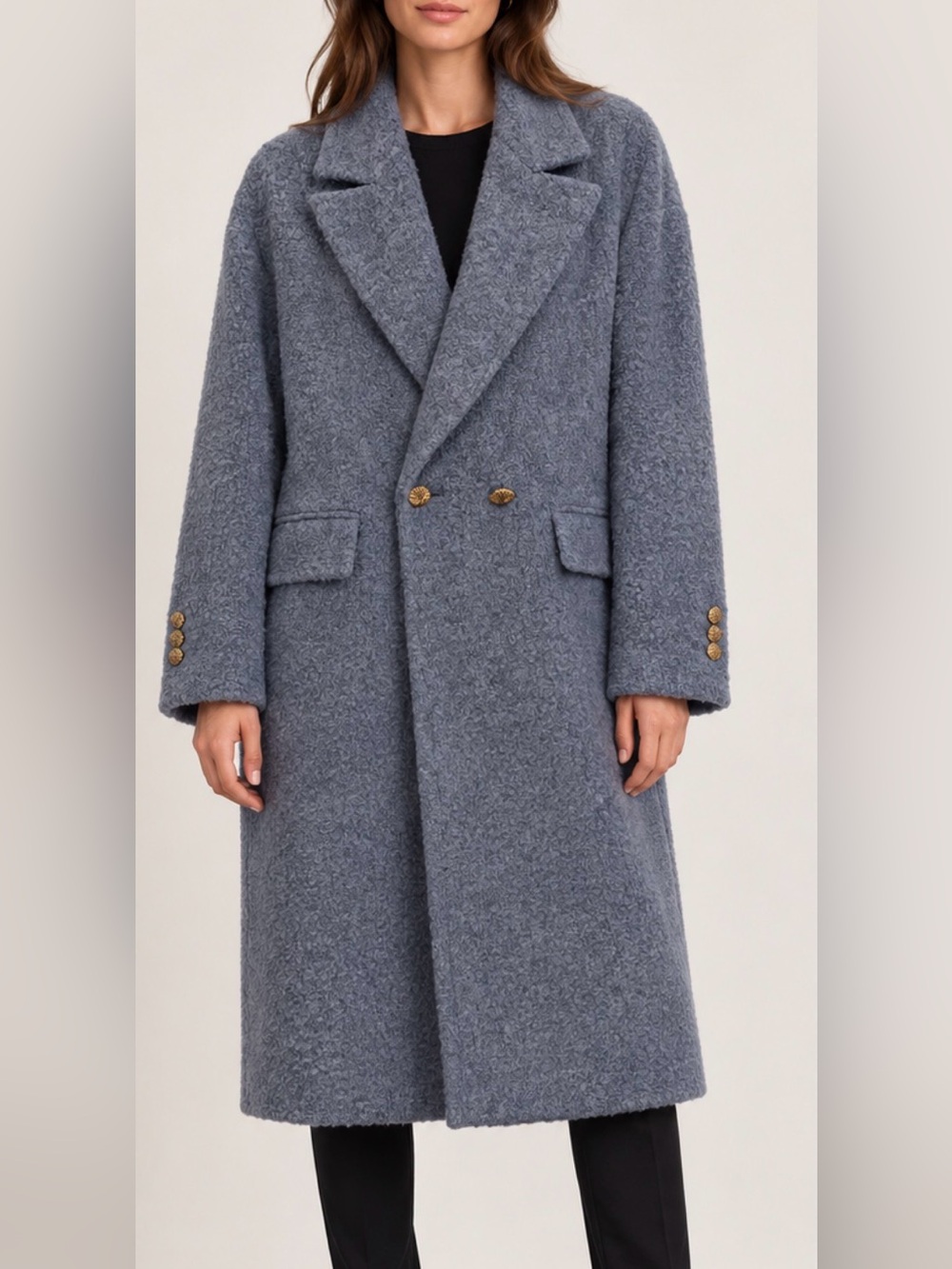 Wool-Blend Double-Breasted Women’s Coat in Slate Blue